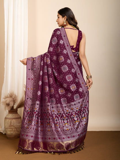 Wine Traditional Muslin Dola Silk Saree With Meenakari Zari Weaving Work