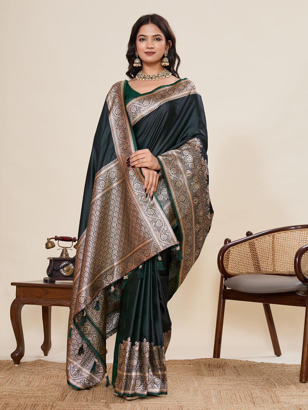 Green Soft Satin Silk Saree With Gala Border And Zari Weaving Work