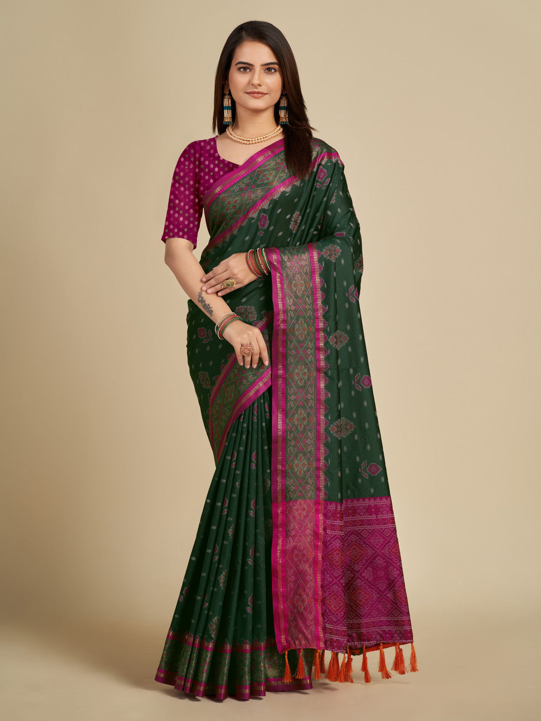 Dark Green Color Patola Silk Saree With Weaving Work