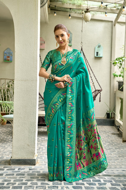 Traditional Rama Green Paithani Silk Saree With Zari Weaving Work