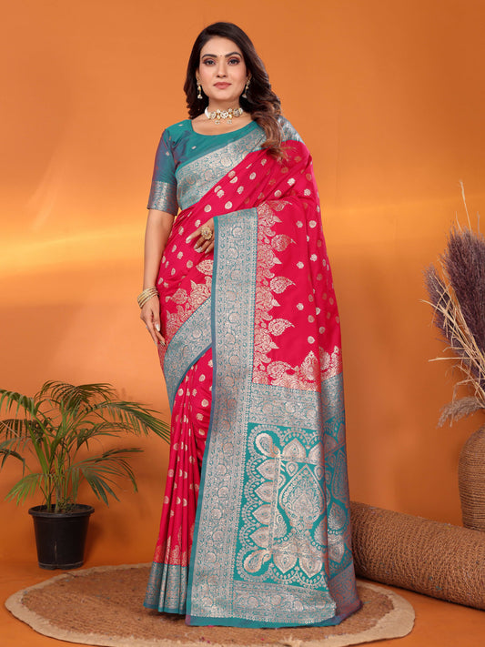 Rani Pink Traditional Banarasi Silk Saree With Zari Weaving Work