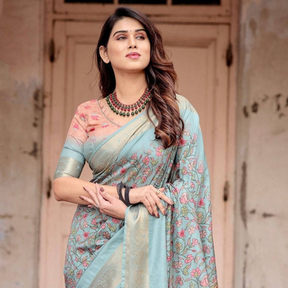 Sky Blue Kalamkari Digital Printed Dola Silk Saree With Gold Zari Border