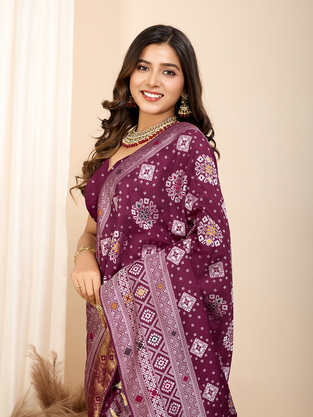 Wine Traditional Muslin Dola Silk Saree With Meenakari Zari Weaving Work