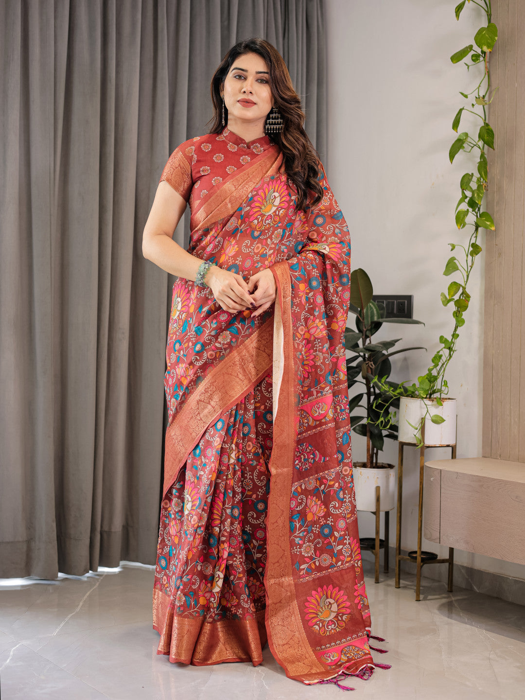 Maroon Kalamkari Digital Printed Linen Cotton Saree