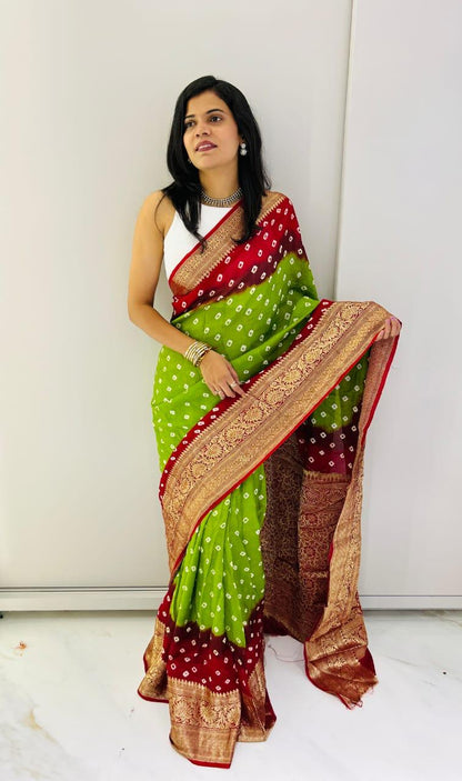 Hand Bandhej Bandhani Saree With Zari Border