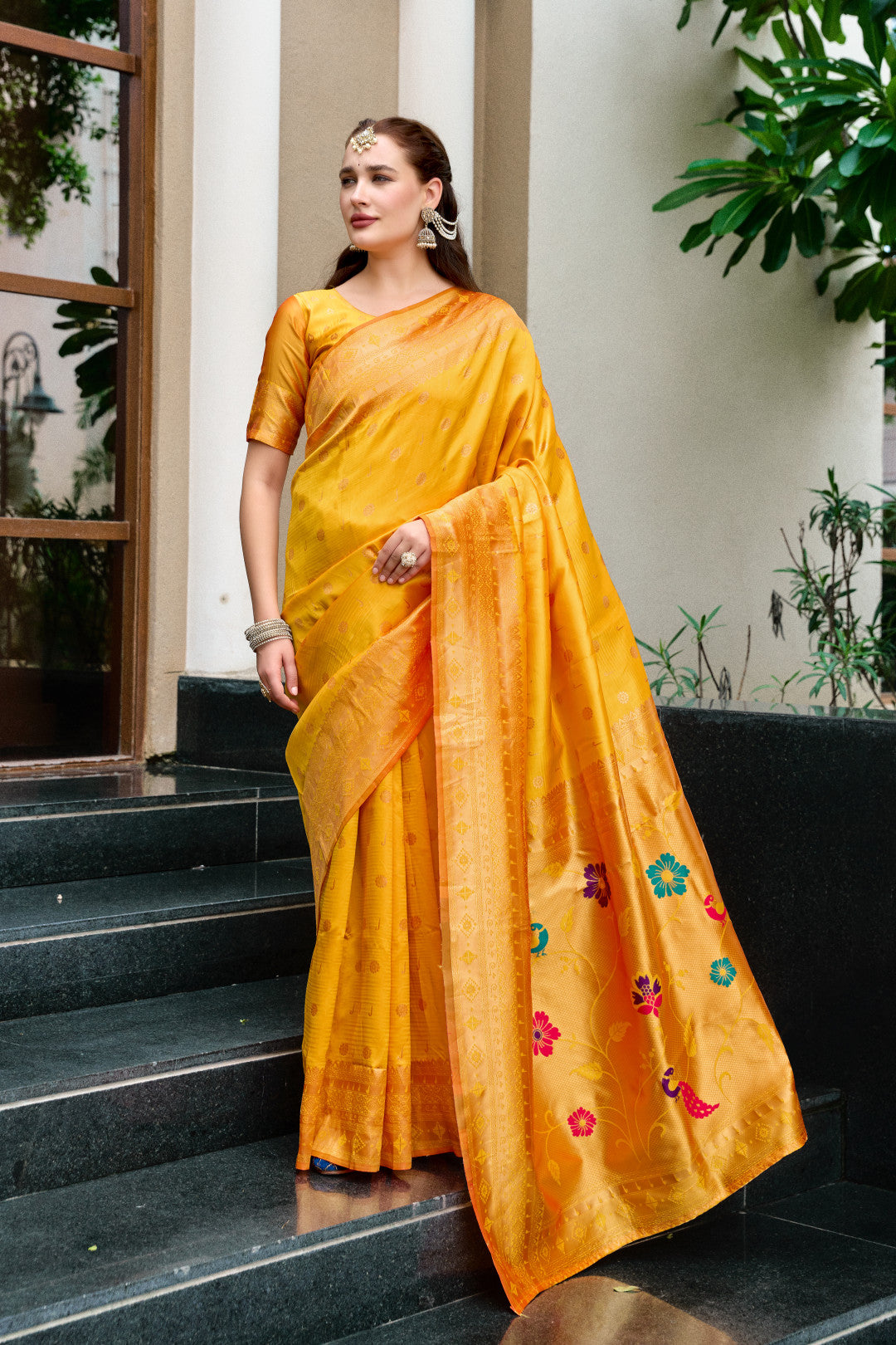 Traditional Yellow Paithani Silk Saree With Zari Weaving Work