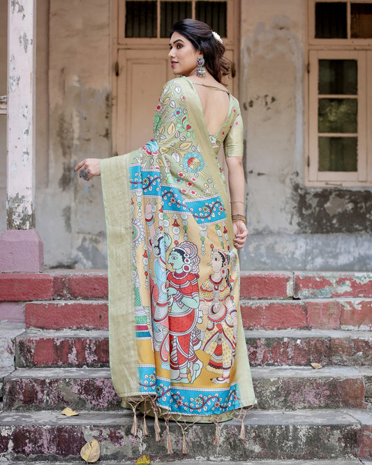 Pista Green Kalamakari Digital Printed Tussar Silk Saree With Zari Motif Border