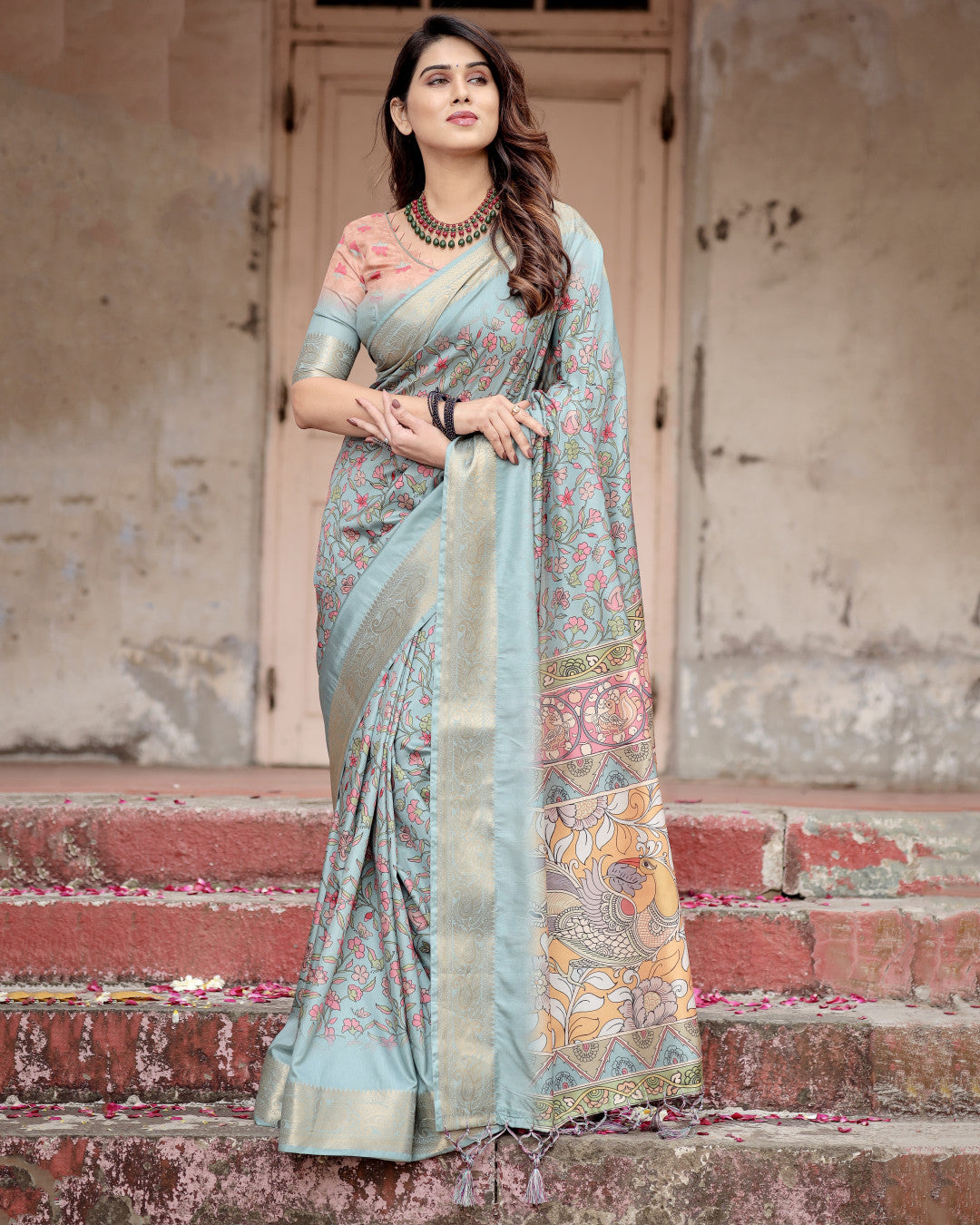 Sky Blue Kalamkari Digital Printed Dola Silk Saree With Gold Zari Border