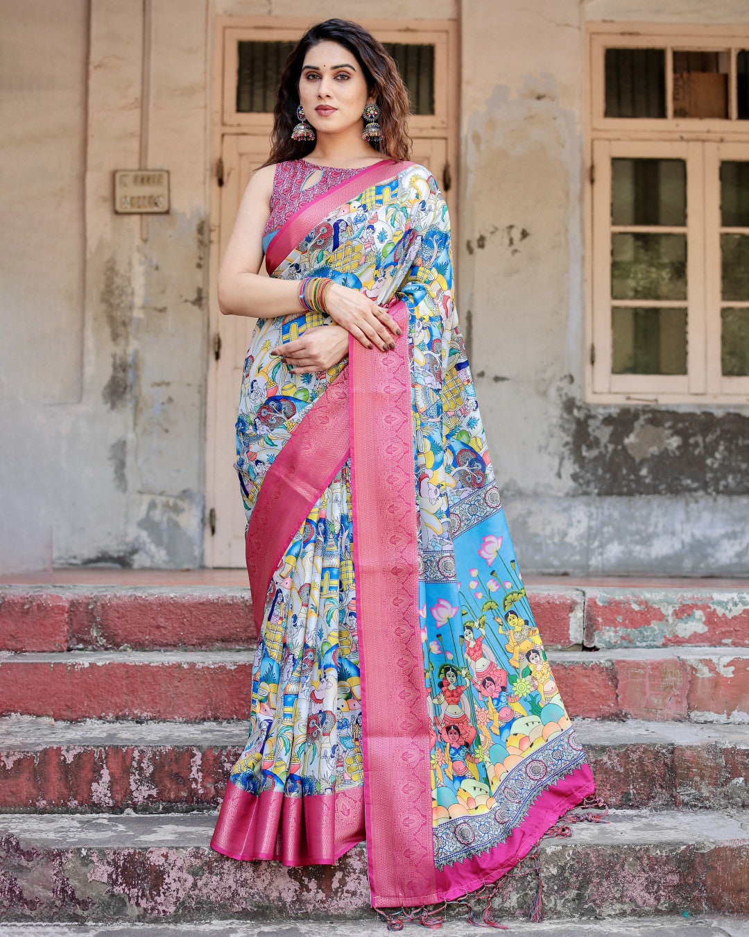 Multi Fancy Kalamkari Digital Printed Tussar Silk Saree
