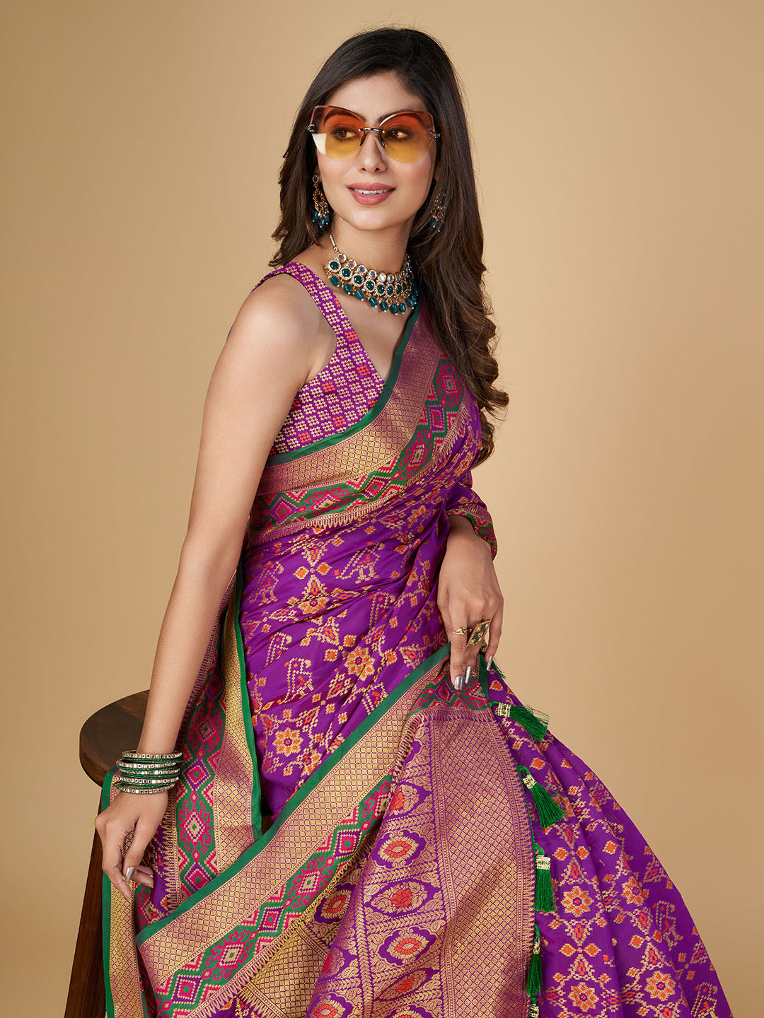 Purple Color Patola Silk Saree With Zari Weaving Work