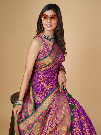 Purple Color Patola Silk Saree With Zari Weaving Work