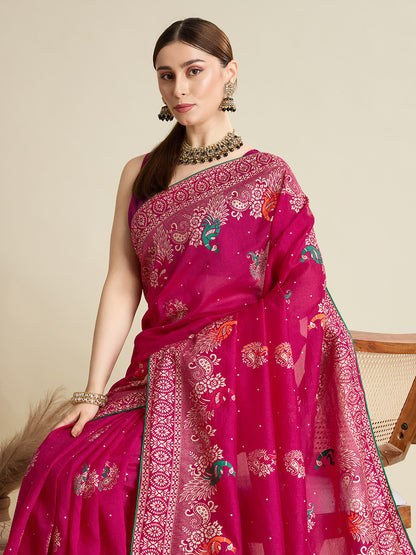 Pink Cotton Saree With Table Printed And Foil Work With Pipeing Border