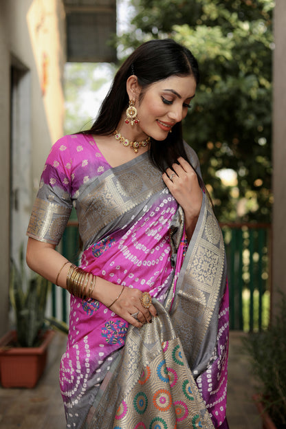 Multi Color Soft Bandhej Silk Saree With Zari Weaving Work