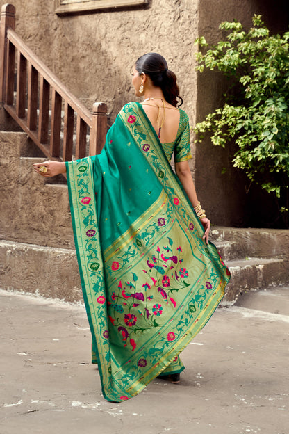 Traditional Rama Green Paithani Silk Saree With Zari Weaving Work
