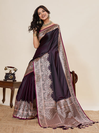 Maroon Soft Satin Silk Saree With Gala Border And Zari Weaving Work