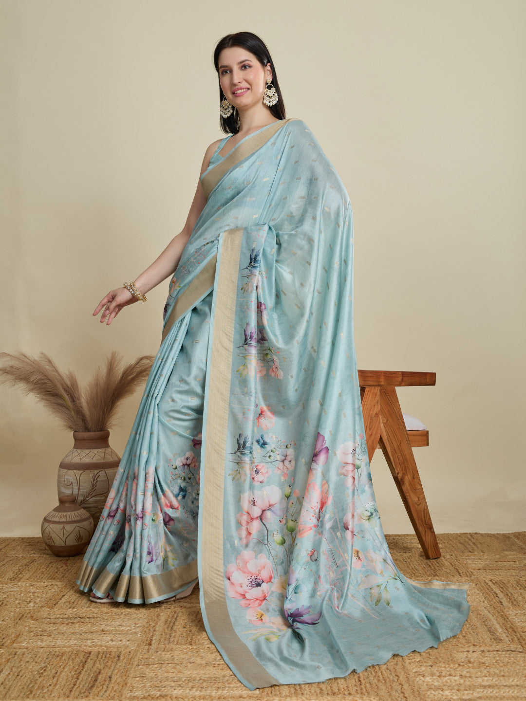 Sky Blue Soft Cotton Saree With Floral Digital Printed Pallu & Zari Border