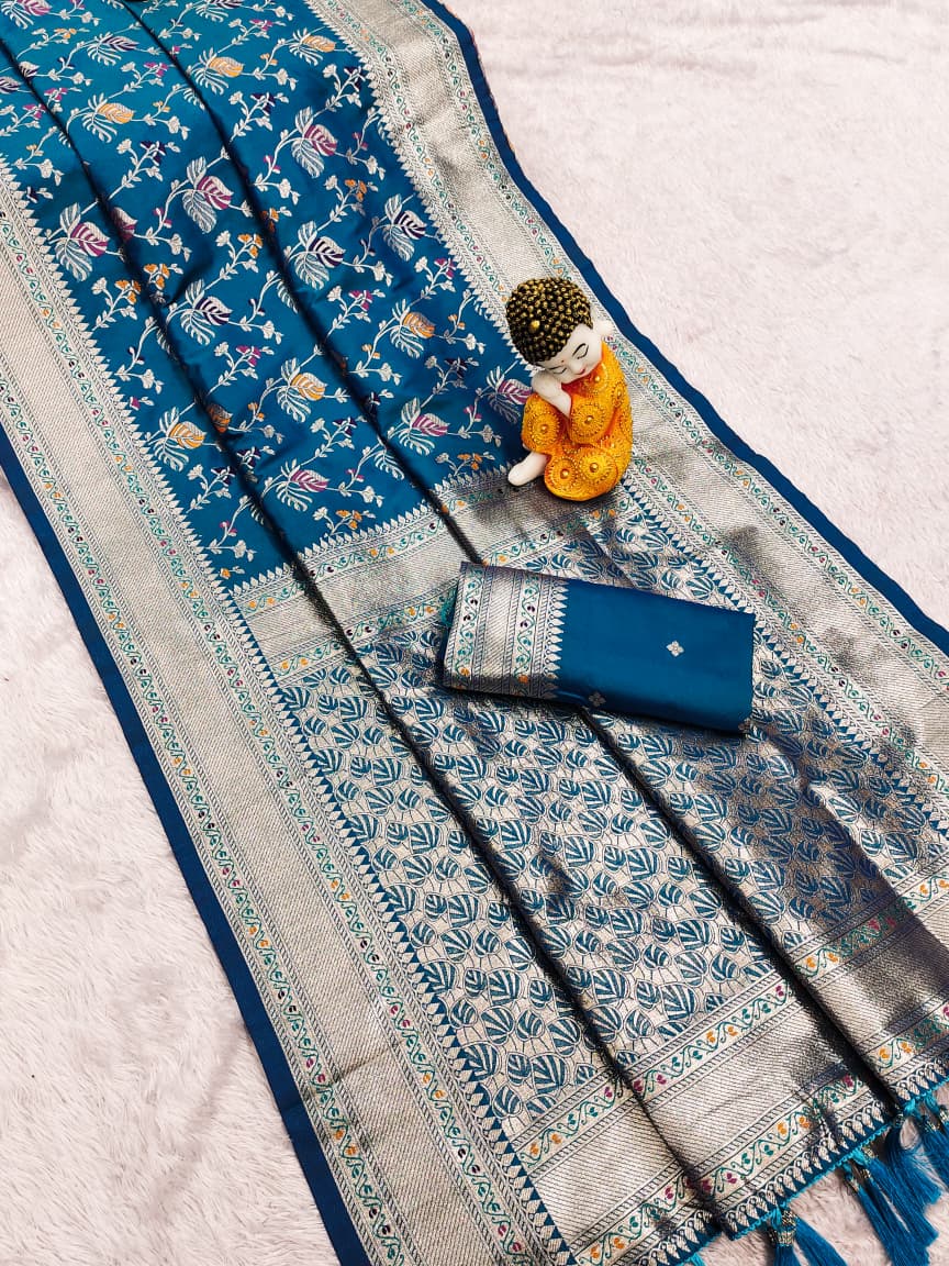 Firoji Premium Banarasi Silk Saree With Meenakari Zari Weaving Work