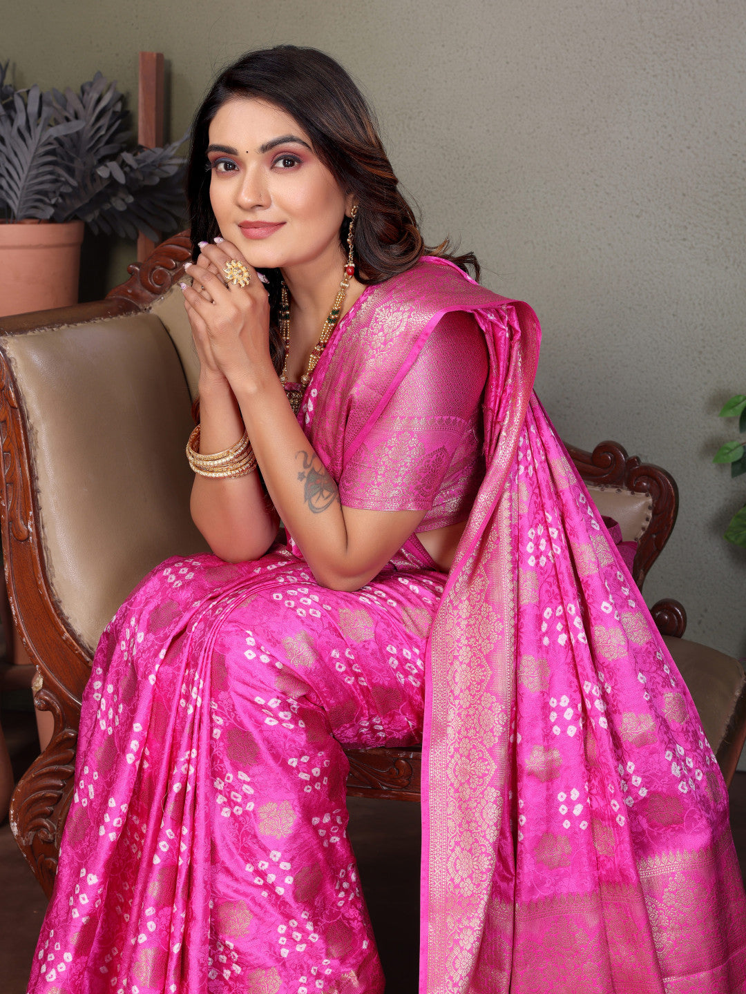 Baby Pink Premium Bandhej Silk Saree With Zari Weaving Work