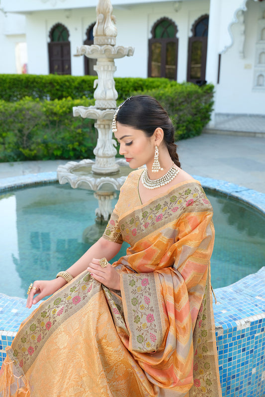 Orange Color Soft Organza Silk Saree With Zari Weaving Work