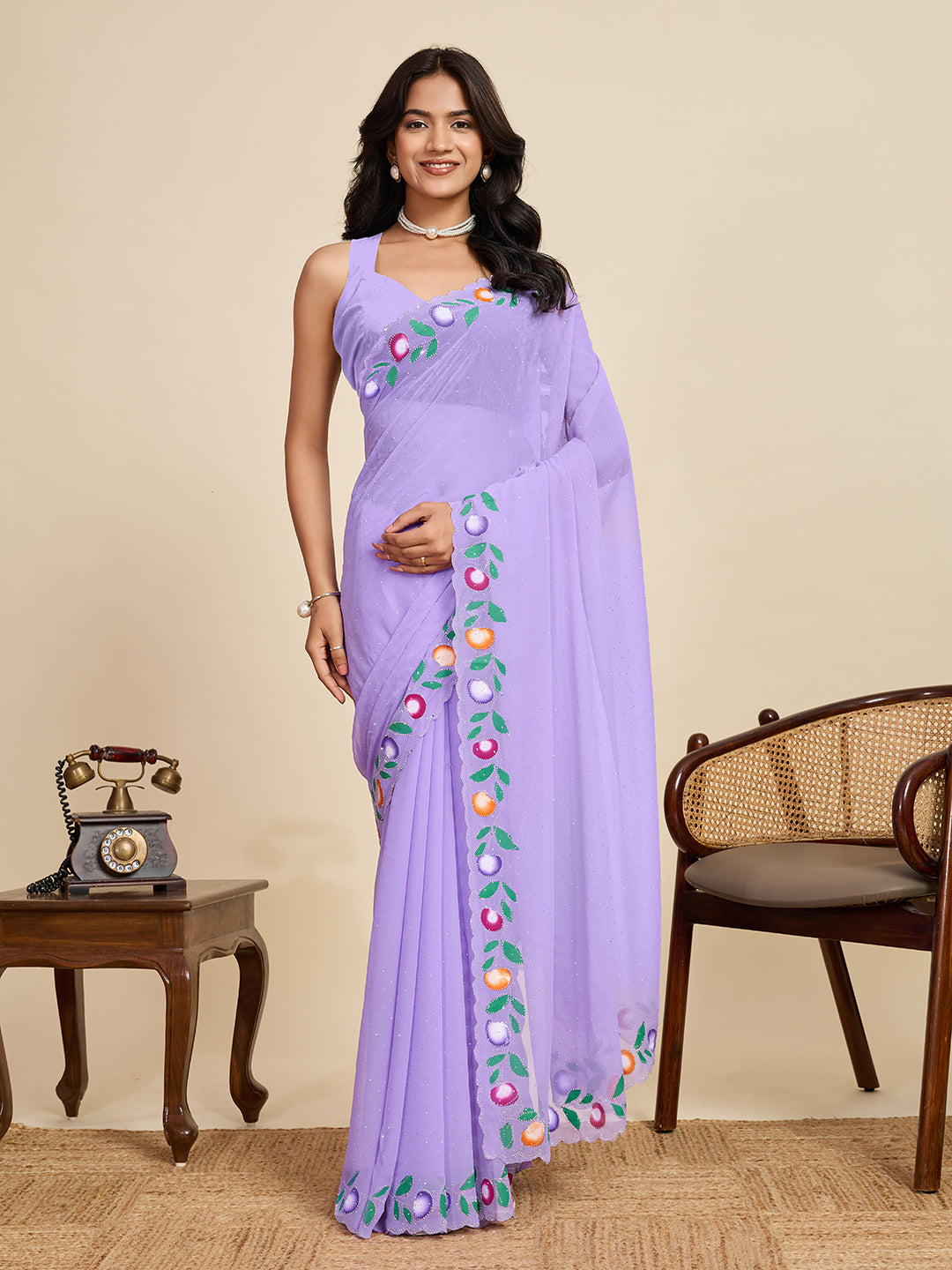 Lavender Color Georgette Saree With Brush Print And Siroski Work