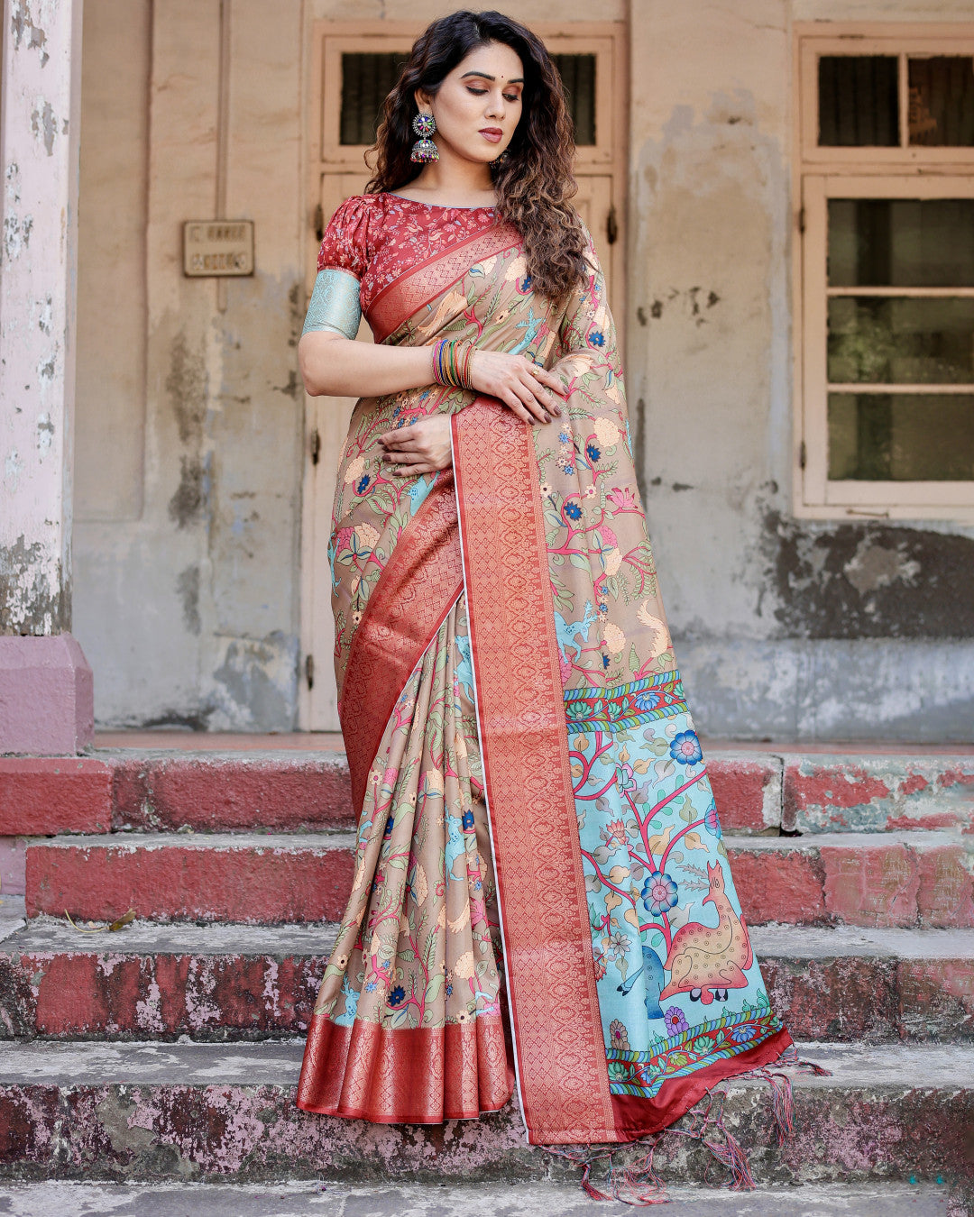 Beige Kalamkari Digital Printed Dola Silk Saree With Gold Zari Border