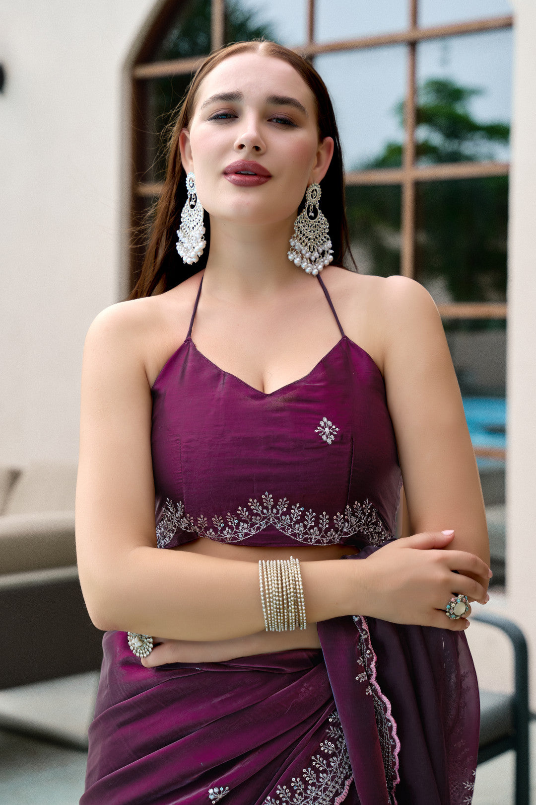 Wine Fancy Shimmer Chiffon Saree With Embroidery Work