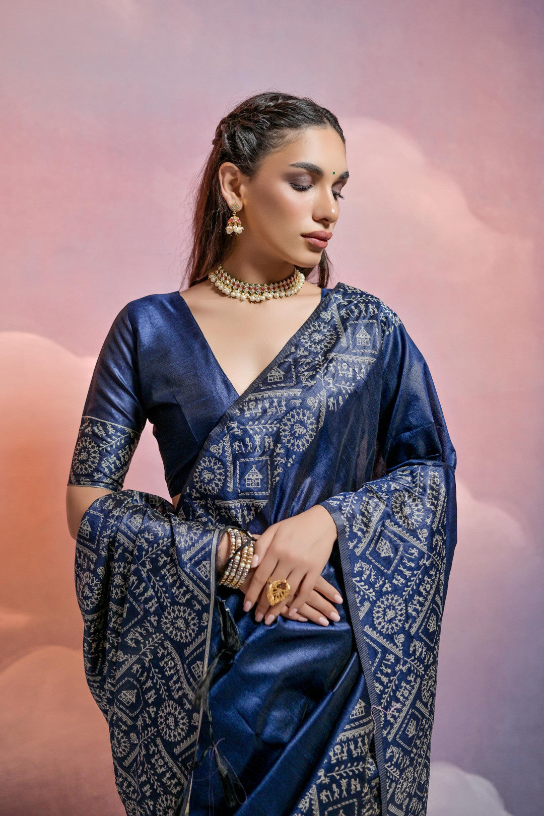 Navy Blue Color Handloom Raw Silk Saree With Contrast Weaving Work