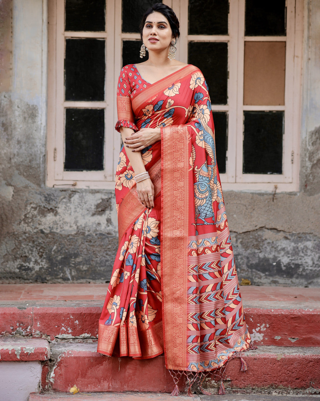Red Digital Kalamkari Printed Tussar Silk Saree With Zari Motif Border