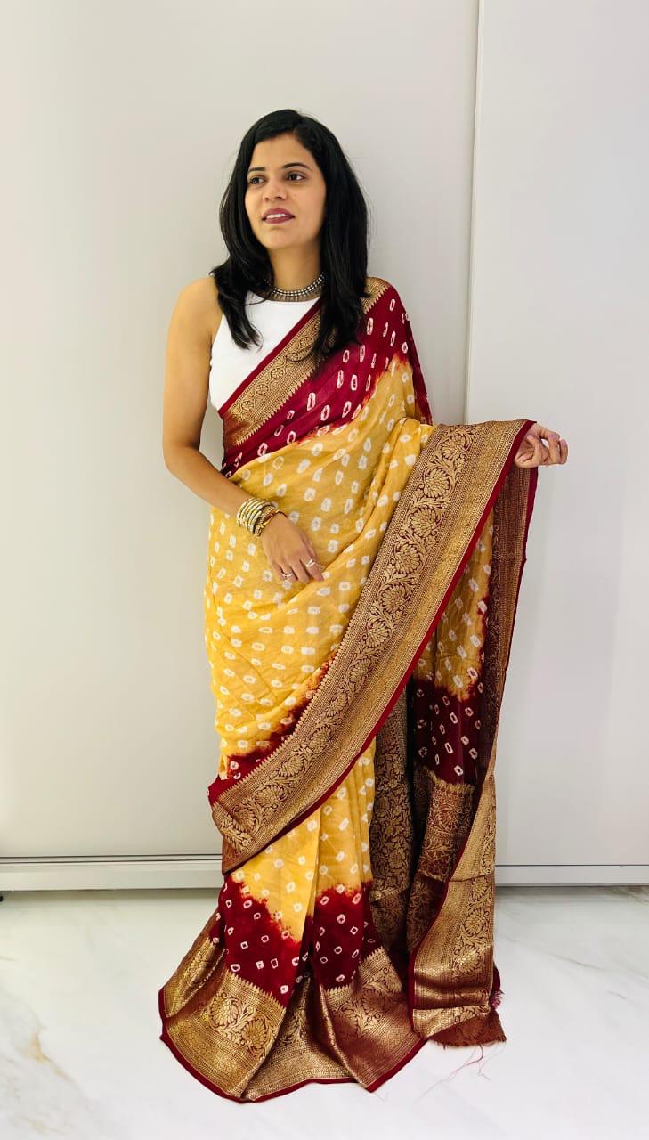 Hand Bandhej Bandhani Saree With Zari Border