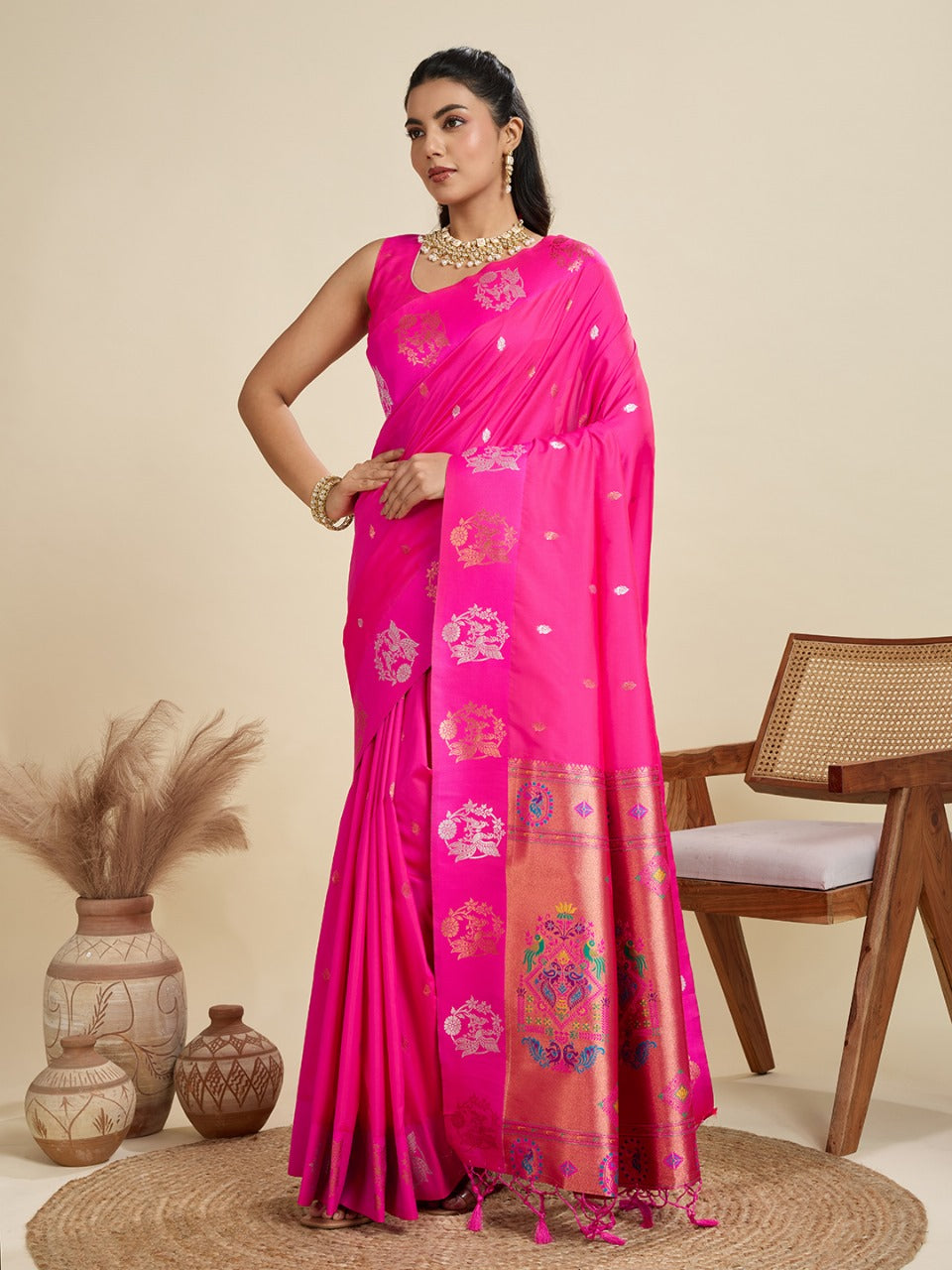 Rani Pink Kanjivaram Silk Saree With Zari Weaving Butta Border & Designer Rich Paithani Pallu