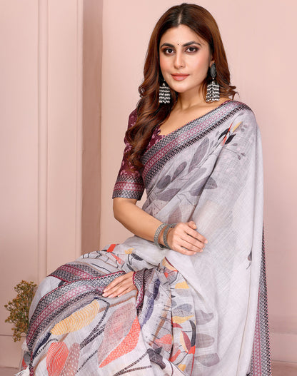 Gray Linen Cotton Saree With Digital Printed Work And Silver Zari Border