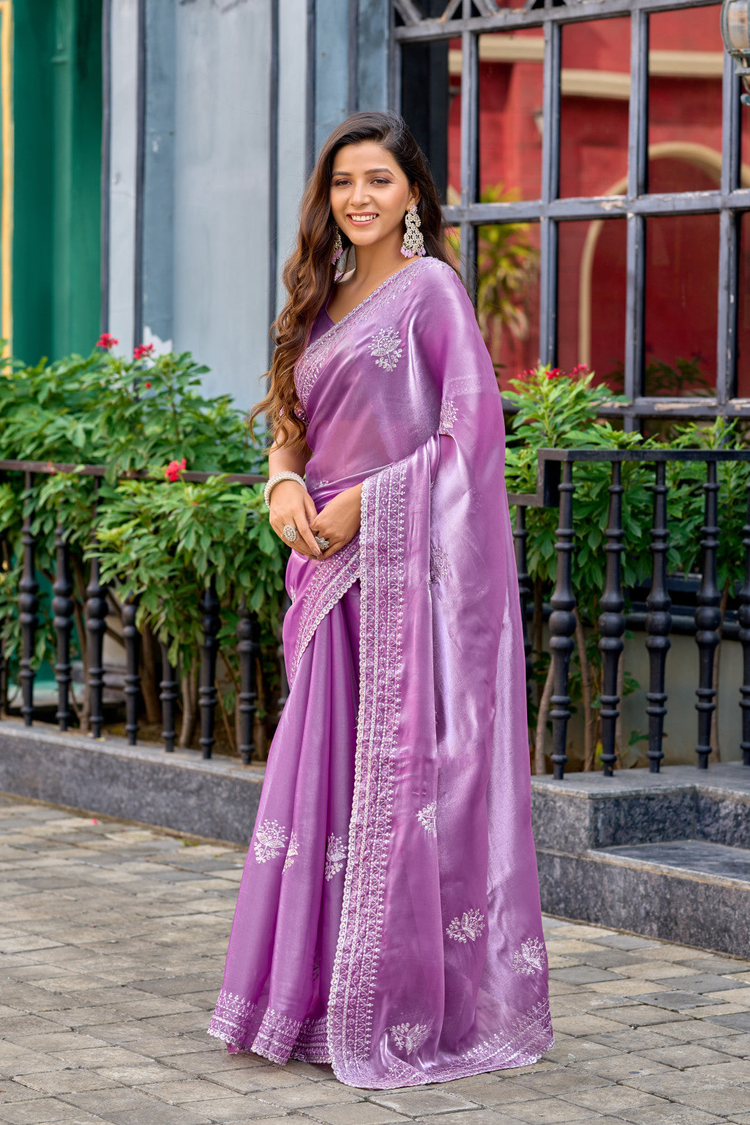 Lavender Fancy Shimmer Chiffon Saree With Embroidery Work