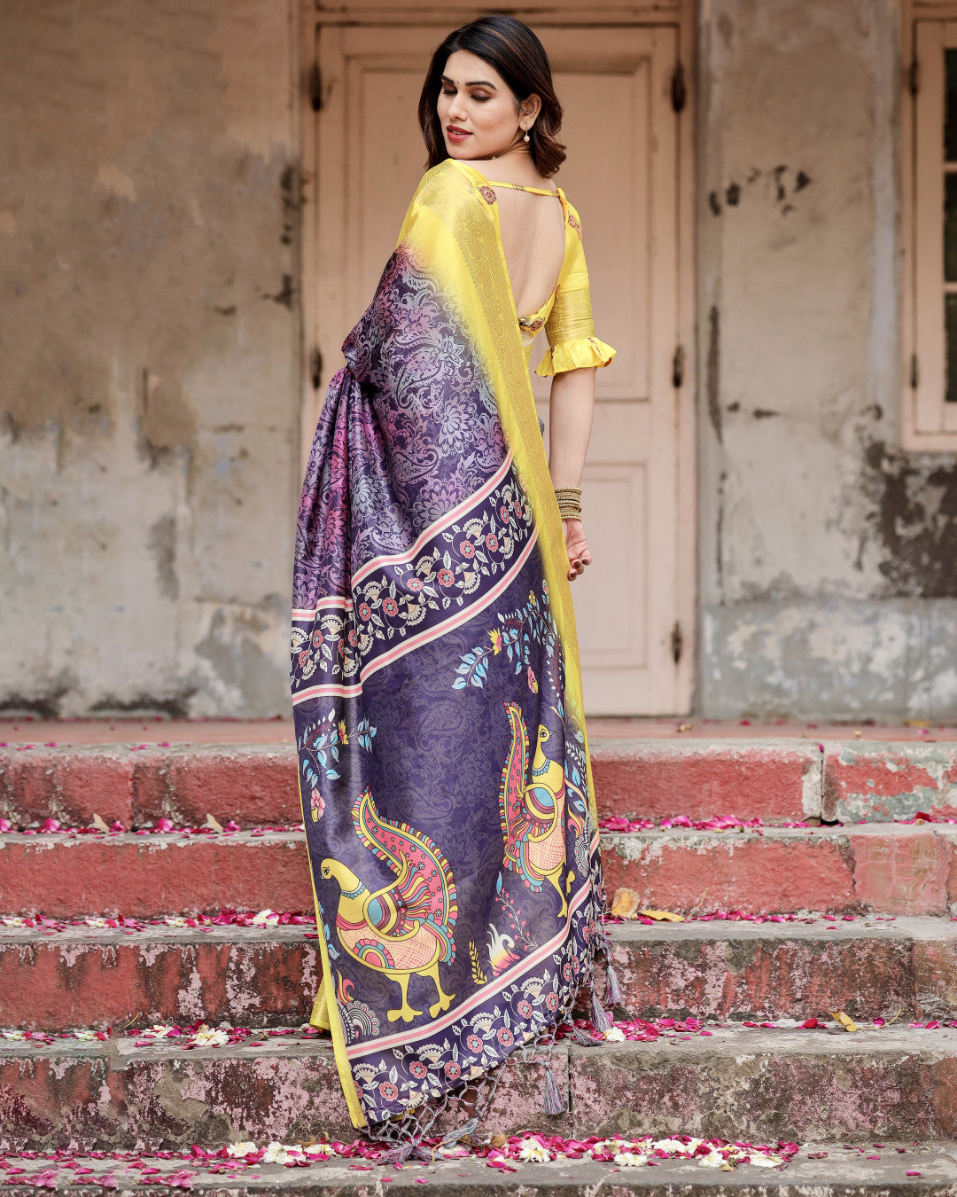Magenta Kalamkari Digital Printed Dola Silk Saree With Gold Zari Border