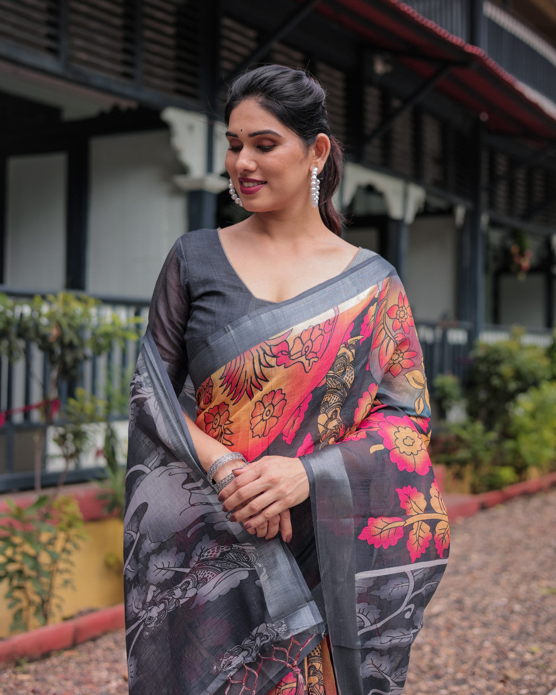 Multi Soft Linen Cotton Saree With Kalamkari Digital Printed Work