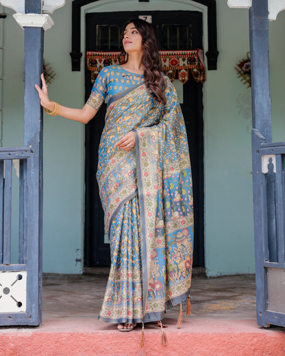 Kalamkari Digital Printed Linen Cotton Saree