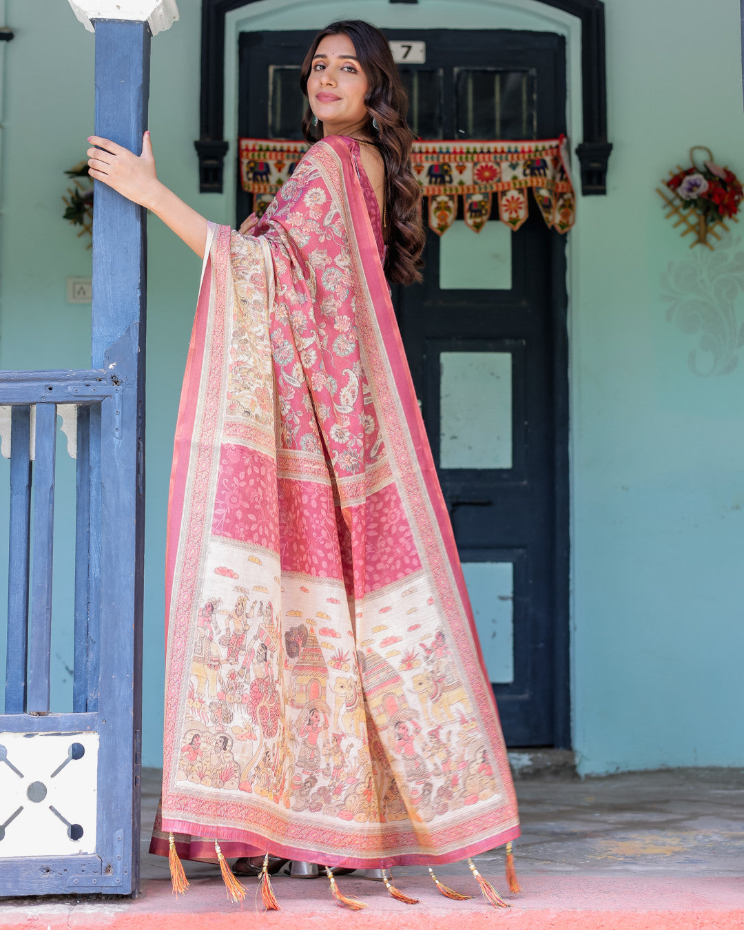 Kalamkari Digital Printed Linen Cotton Saree