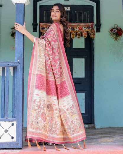 Kalamkari Digital Printed Linen Cotton Saree
