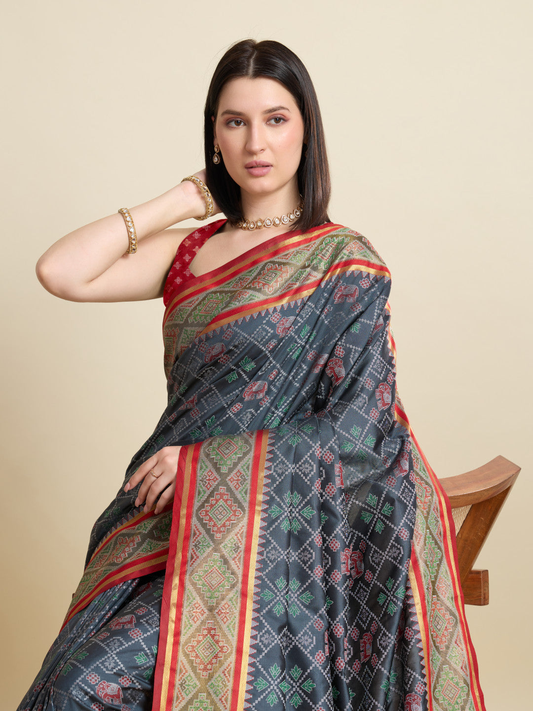 Gray Traditional Patola Silk Saree With Weaving Work
