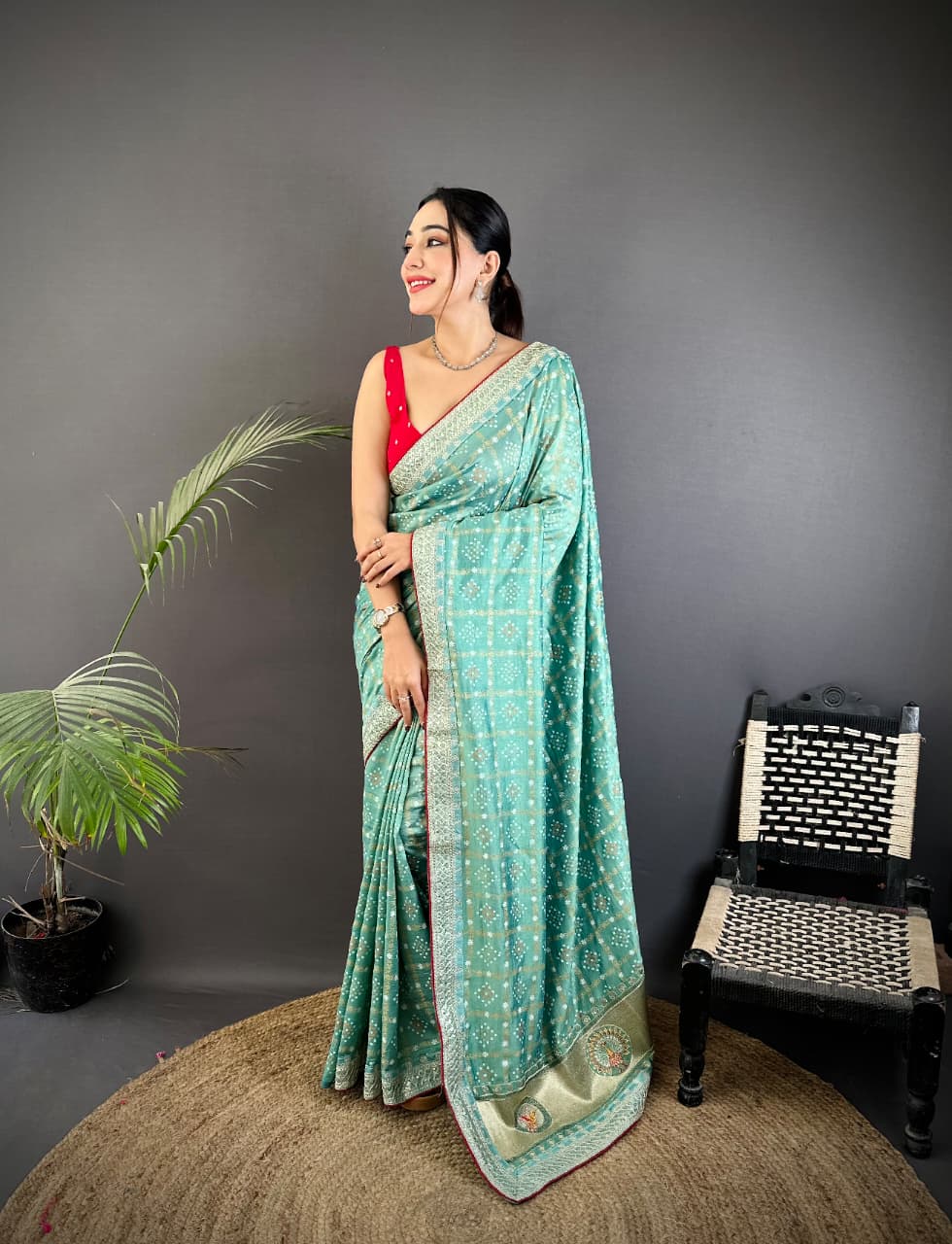 Sea Green Traditional Blooming Vichitra Khadi Bandhej Silk Saree With Sequence Work