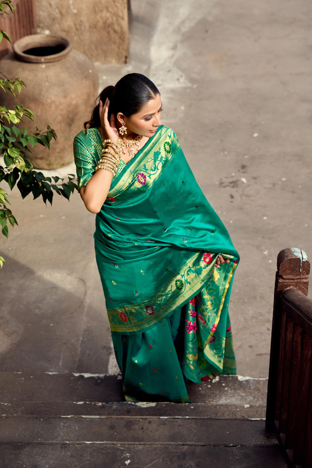 Traditional Rama Green Paithani Silk Saree With Zari Weaving Work