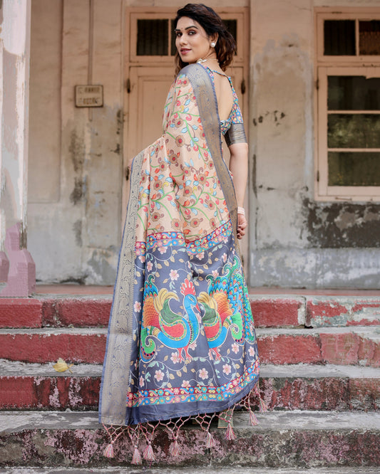 Multi Kalamkari Digital Printed Dola Silk Saree With Gold Zari Border