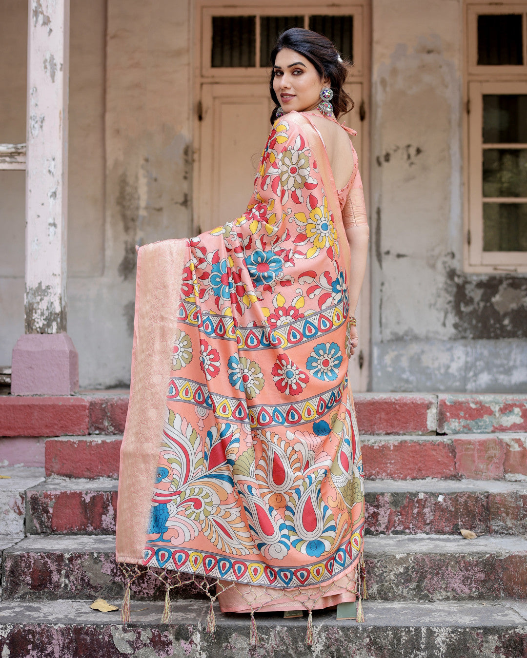 Peach Kalamakari Digital Printed Tussar Silk Saree With Zari Motif Border