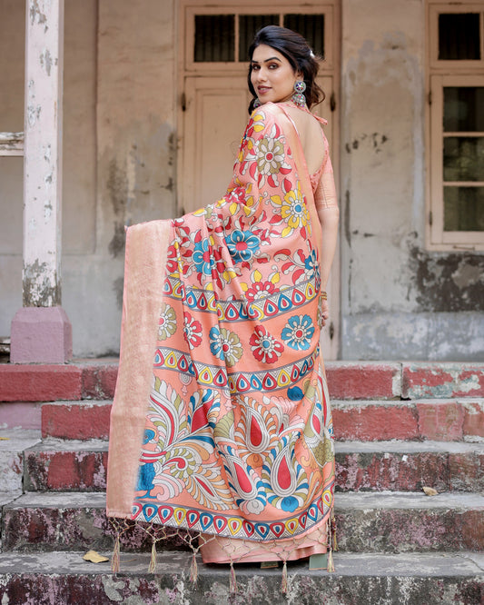 Peach Kalamakari Digital Printed Tussar Silk Saree With Zari Motif Border
