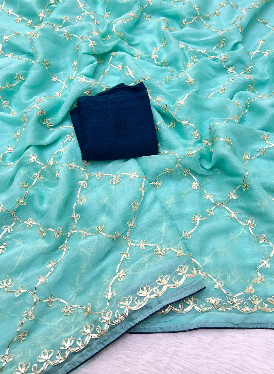 Sky Blue Hand Work Viscose Silk Saree