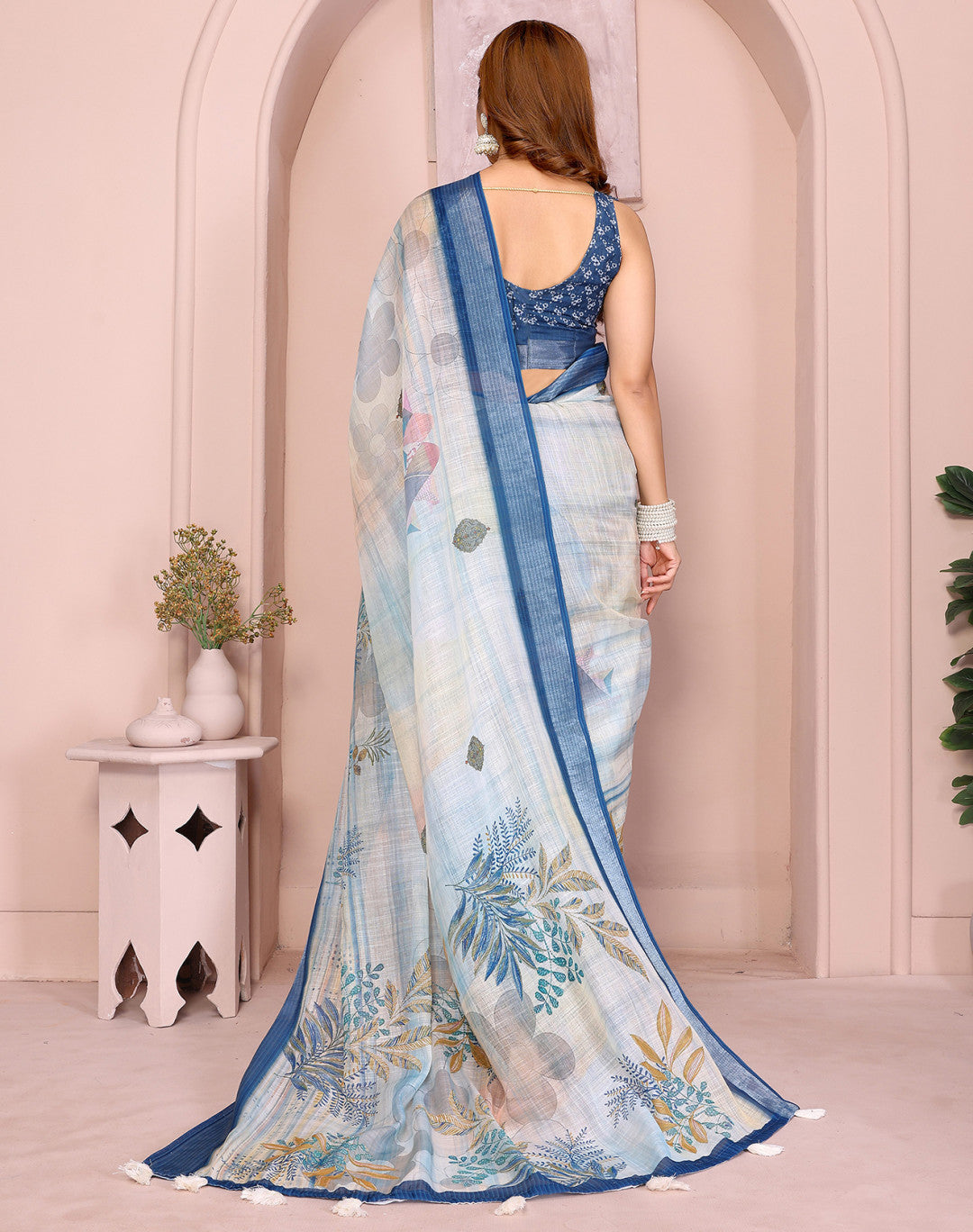 Multi Linen Cotton Saree With Digital Printed Work And Silver Zari Border
