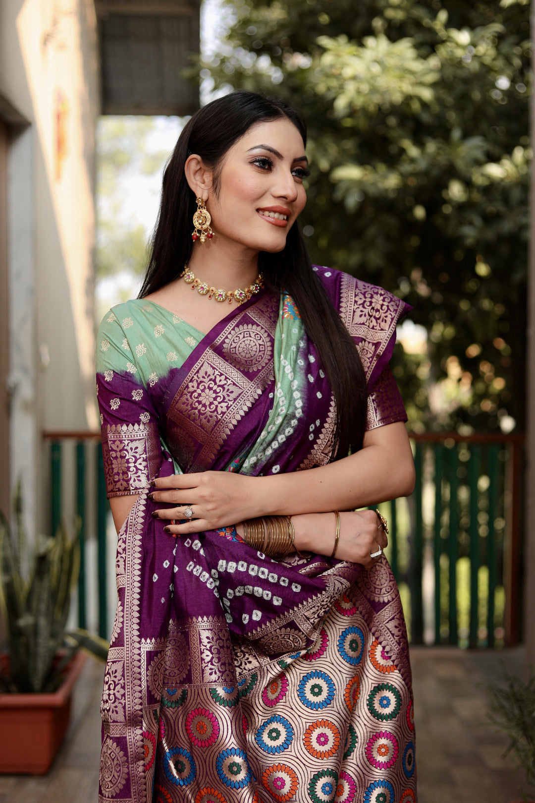 Multi Color Soft Bandhej Silk Saree With Zari Weaving Work