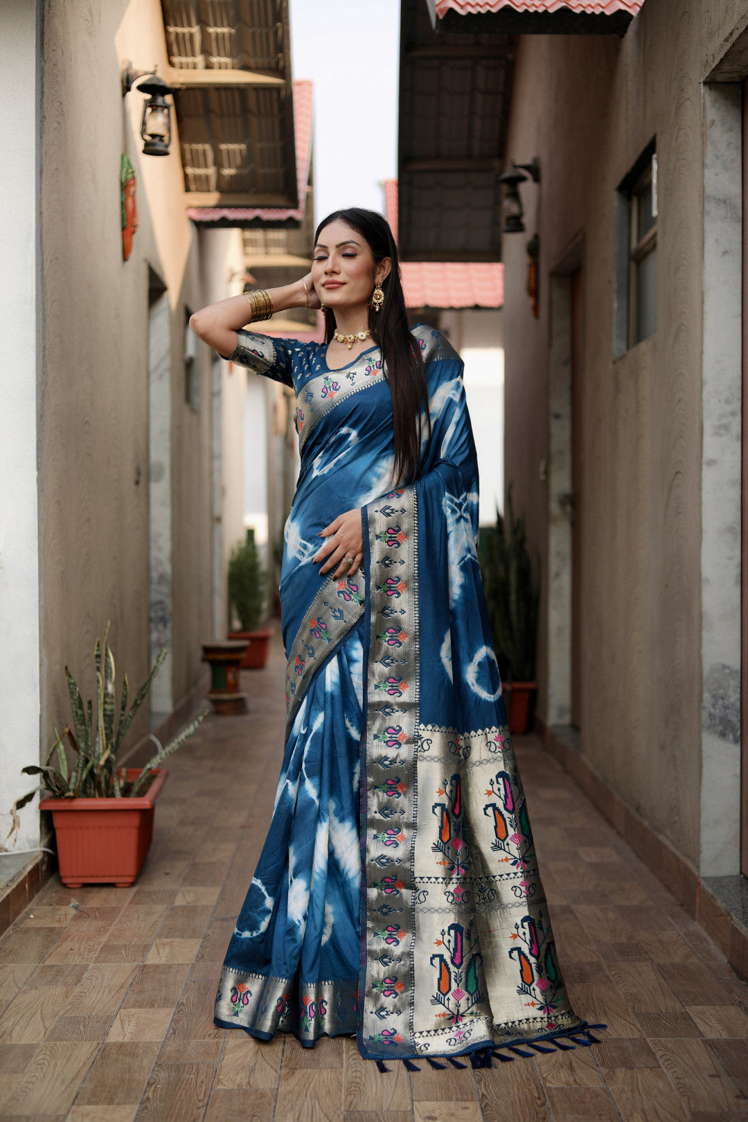 Firoji Color Soft Dola Silk Saree With Shibori Print & Zari Weaving Work