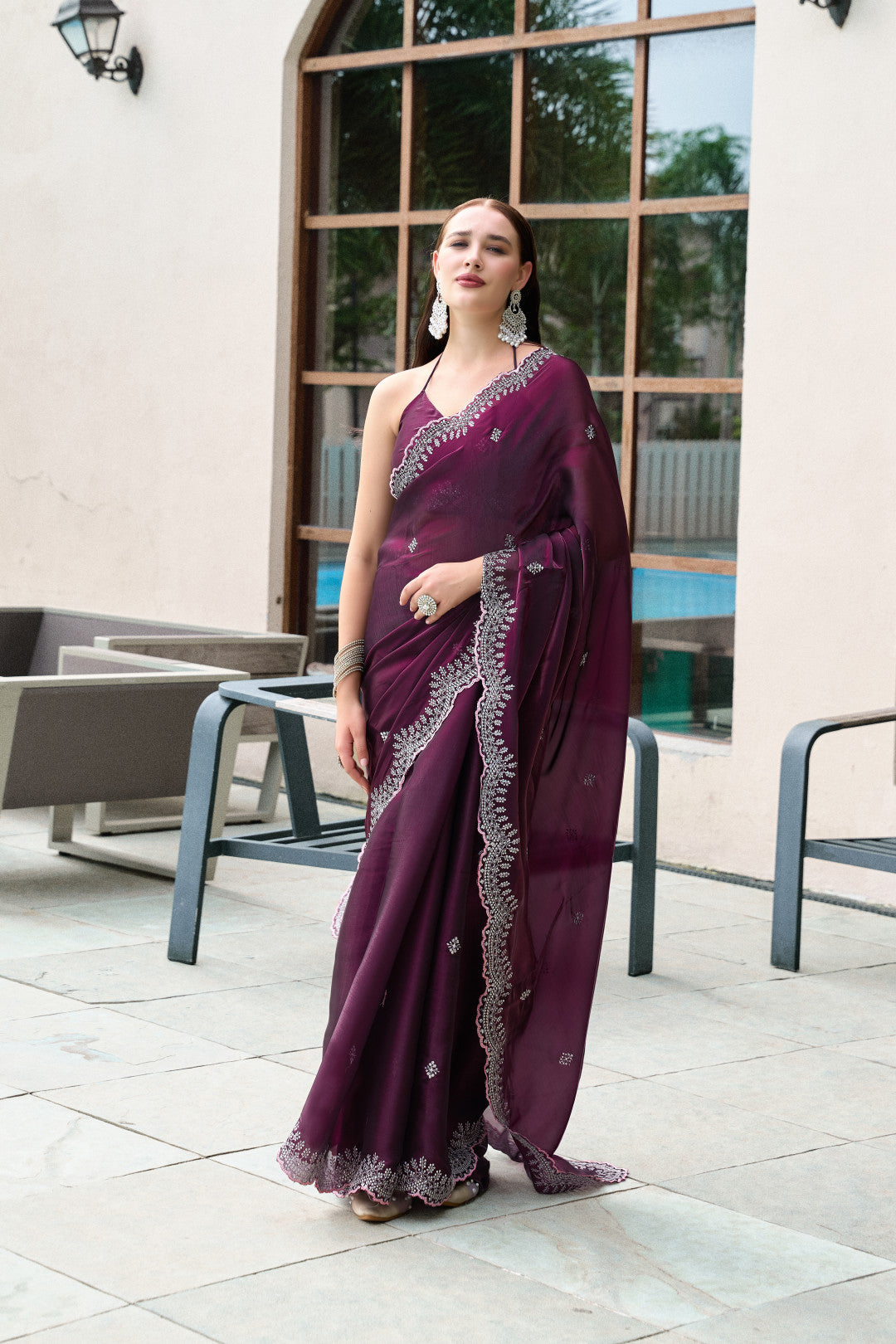 Wine Fancy Shimmer Chiffon Saree With Embroidery Work