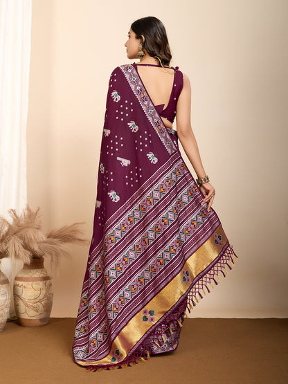 Traditional Muslin Dola Silk Saree With Meenakari Zari Weaving Work