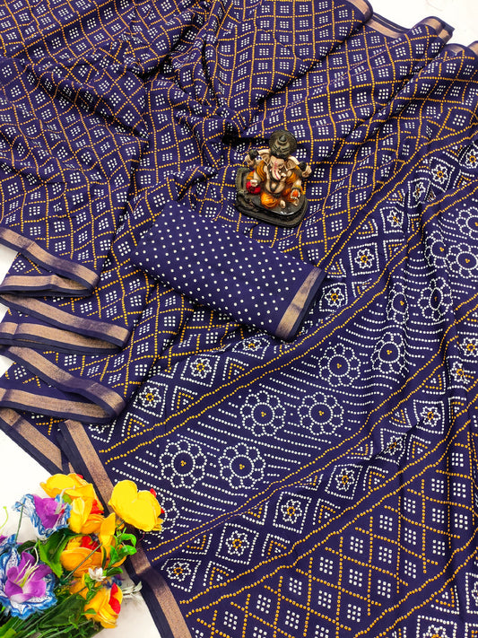 Navy Blue Bandhej Printed Soft Cotton Saree With Zari Border